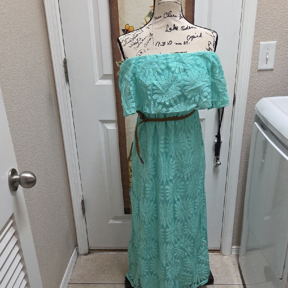 Off-Shoulder Aqua Maxi Dress with Belt
